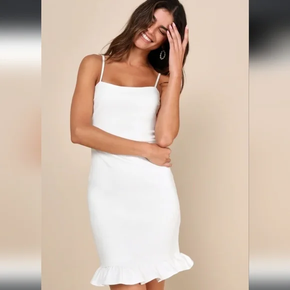 Lulu's Spoonful of Sass white fitted sleeveless ruffle trim bodycon mini dress - Picture 4 of 15